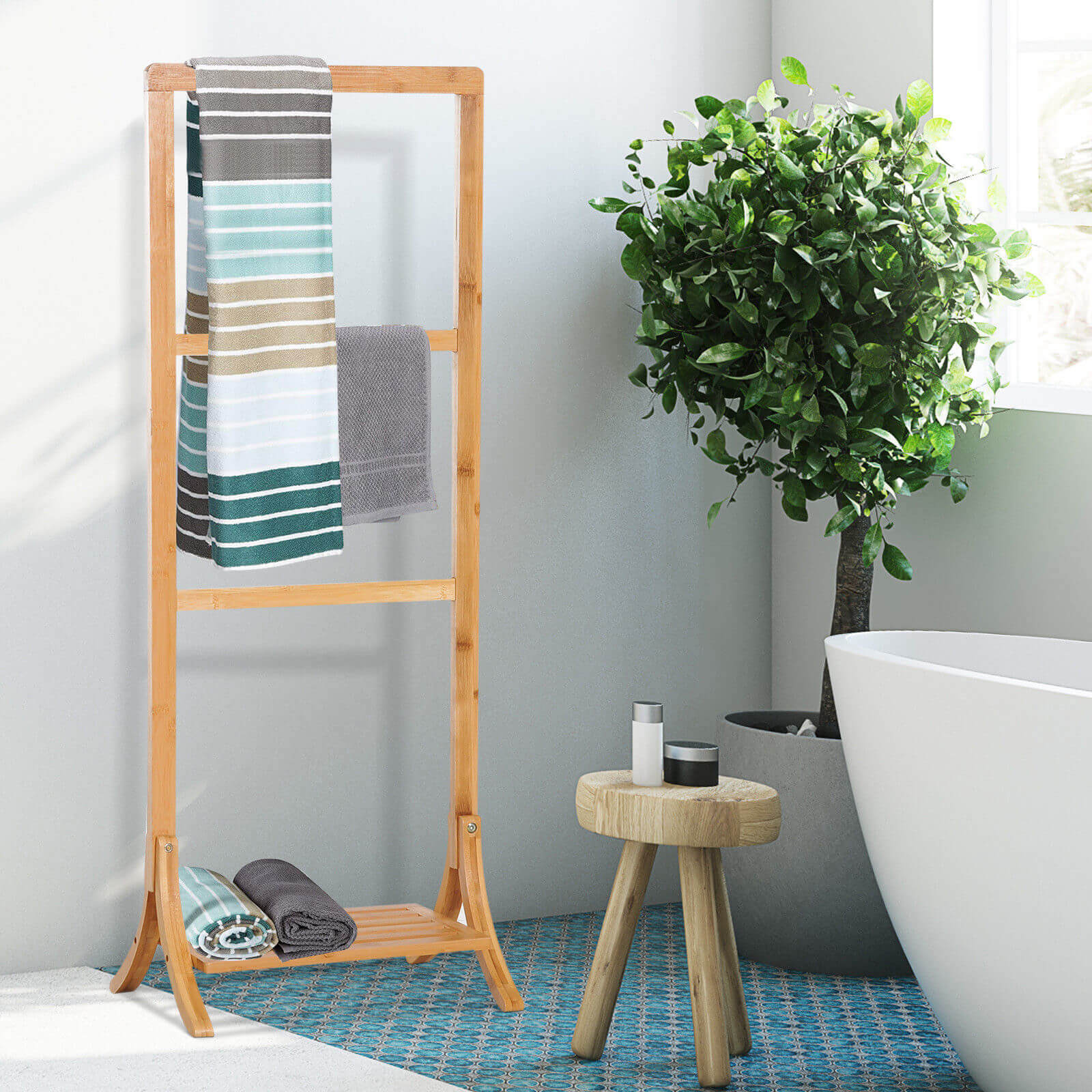 Towel Rack Holder Clothes Stand Free Standing Bamboo Bathroom 3 Rails & 1 Shelf