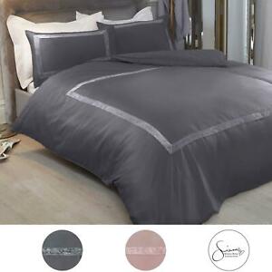  
Sienna Crushed Velvet Border Duvet Cover with Pillowcase Bedding Set Grey Blush