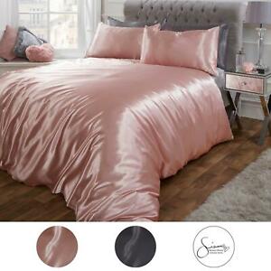  
Sienna Satin Silk Duvet Cover with Pillowcases Bedding Set, Blush Pink Silver