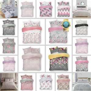  
Grey Pink Printed Duvet Set Quilt Cover Reversible Bedding Single Double King