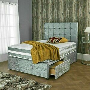  
CRUSHED VELVET DIVAN BED WITH MATCHING MATTRESS AND FREE 20″ HEADBOARD