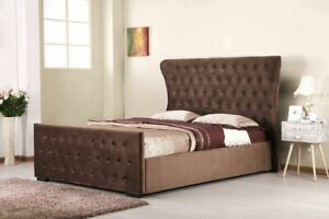  
Chesterfield Wingback Fabric Bed Frame with Mattress, Brown 4ft6 Double 5ft King