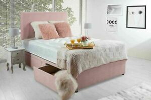  
Pink Plush Velvet Divan Bed Set, Semi Orthopeadic Memory Foam Mattress,Headboard