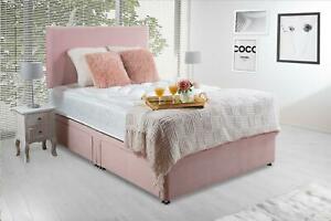 Plush Pink Velvet Divan Bed with Memory Foam Mattress + Free Headboard