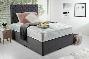  
PLUSH VELVET CHESTERFIELD DIVAN BED SET + MEMORY MATTRESS – 4FT6 Double 5FT King