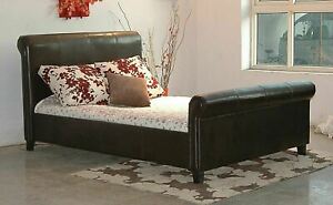  
SCROLL SLEIGH LEATHER BED MATTRESS BUNDLE DEAL BLACK BROWN DOUBLE KING