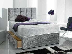  
Quality Crush Velvet Divan Bed + Orthopeadic Mattress + Cubed Headboard