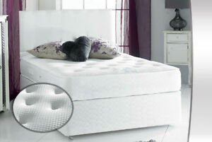 QUILTED DIVAN BED SET + MEMORY SPRING MATTRESS + WHITE LEATHER HEADBOARD