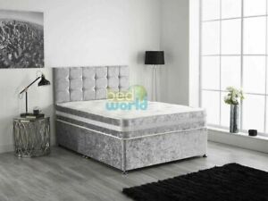 Crush Velvet Divan Bed + Memory Foam Mattress + Cubed Buttoned Headboard