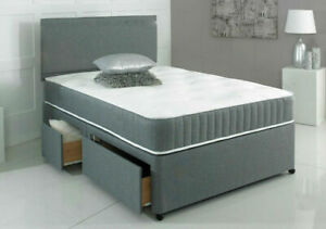 GREY SUEDE MEMORY  DIVAN BED SET WITH MATTRESS HEADBOARD 3FT 4FT6 Double 5FT