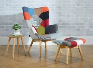  
New Modern Upholstered Colourful Patch Work Armchair And Footstool Accent Chair