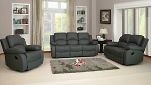  
RECLINER SOFA SET LEATHER AIRE GREY 3 PIECE SUITE SOFAS COUCH SALE 3+2+1 NEW