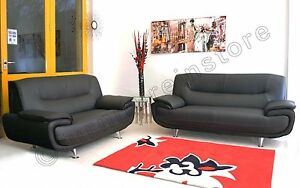  
PASSERO BLACK FAUX LEATHER REGULAR + LARGE SOFA (NINA) 3+2 Two Pieces Suite Sofa