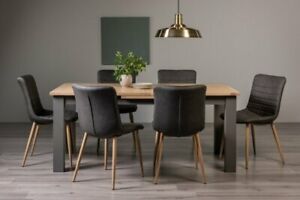  
Hopper Scandi Oak 6-8 Seater Dining Table with Dark Grey Legs & 6 Eriksen Dark G