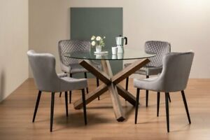  
Goya Clear Tempered 4 Seater Dining Table with Dark Oak Legs & 4 Cezanne Grey Ve