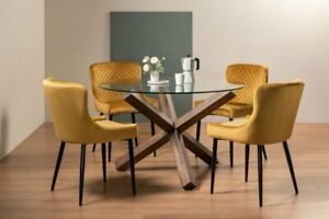  
Goya Clear Tempered 4 Seater Dining Table with Dark Oak Legs & 4 Cezanne Mustard