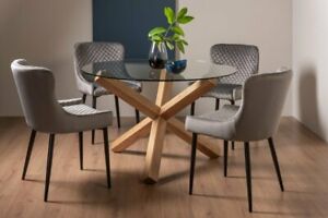 
Goya Clear Tempered 4 Seater Dining Table with Light Oak Legs & 4 Cezanne Grey V