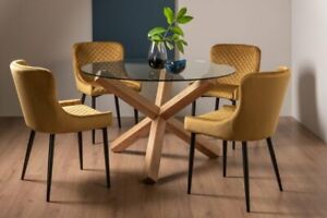  
Goya Clear Tempered 4 Seater Dining Table with Light Oak Legs & 4 Cezanne Mustar