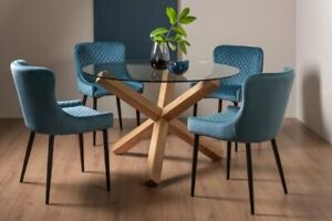  
Goya Clear Tempered 4 Seater Dining Table with Light Oak Legs & 4 Cezanne Petrol