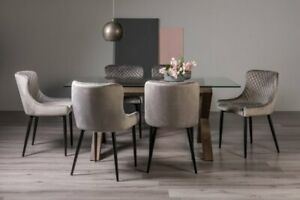  
Goya Clear Tempered 6 Seater Dining Table with Dark Oak Legs & 6 Cezanne Grey Ve