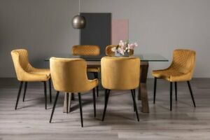  
Goya Clear Tempered 6 Seater Dining Table with Dark Oak Legs & 6 Cezanne Mustard