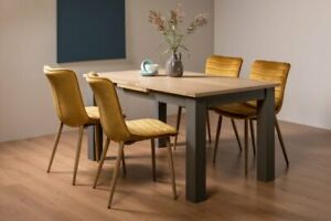  
Hopper Scandi Oak 4-6 Seater Dining Table with Dark Grey Legs & 4 Eriksen Mustar