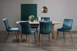  
Johansen Scandi Oak 6-8 Seater Dining Table & 6 Eriksen Petrol Blue Velvet Fabri