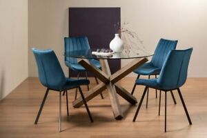  
Goya Clear Tempered 4 Seater Dining Table with Dark Oak Legs & 4 Fontana Blue Ve