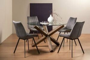  
Goya Clear Tempered 4 Seater Dining Table with Dark Oak Legs & 4 Fontana Grey Ve