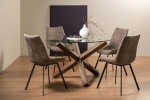  
Goya Clear Tempered 4 Seater Dining Table with Dark Oak Legs & 4 Fontana Tan Fau