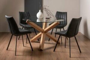 Goya Clear Tempered 4 Seater Dining Table with Light Oak Legs & 4 Fontana Black