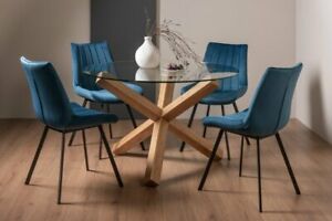  
Goya Clear Tempered 4 Seater Dining Table with Light Oak Legs & 4 Fontana Blue V