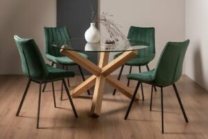 Goya Clear Tempered 4 Seater Dining Table with Light Oak Legs & 4 Fontana Green