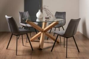  
Goya Clear Tempered 4 Seater Dining Table with Light Oak Legs & 4 Fontana Grey V
