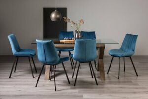  
Goya Clear Tempered 6 Seater Dining Table with Dark Oak Legs & 6 Fontana Blue Ve