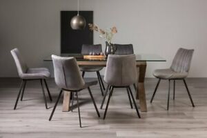  
Goya Clear Tempered 6 Seater Dining Table with Dark Oak Legs & 6 Fontana Grey Ve