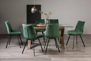  
Goya Clear Tempered 6 Seater Dining Table with Dark Oak Legs & 6 Fontana Green V