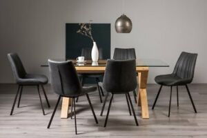Goya Clear Tempered 6 Seater Dining Table with Light Oak Legs & 6 Fontana Black