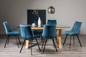  
Goya Clear Tempered 6 Seater Dining Table with Light Oak Legs & 6 Fontana Blue V