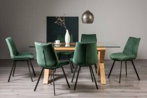 Goya Clear Tempered 6 Seater Dining Table with Light Oak Legs & 6 Fontana Green