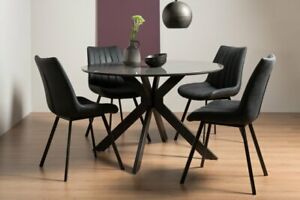  
Hirst Grey Painted Tempered Glass 4 Seater Dining Table & 4 Fontana Black Faux S
