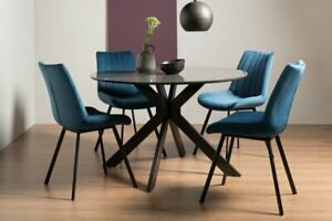 Hirst Grey Painted Tempered Glass 4 Seater Dining Table & 4 Fontana Blue Velvet
