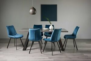 Hirst Grey Painted Tempered Glass 6 Seater Dining Table & 4 Fontana Blue Velvet