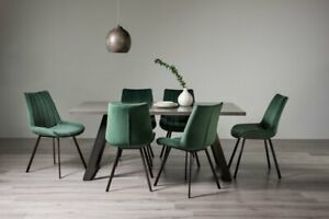  
Hirst Grey Painted Tempered Glass 6 Seater Dining Table & 4 Fontana Green Velvet