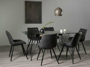  
Miro Clear Tempered Glass 6 Seater Dining Table & 6 Seurat Black Faux Suede Fabr