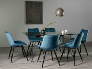  
Miro Clear Tempered Glass 6 Seater Dining Table & 6 Seurat Blue Velvet Fabric Ch