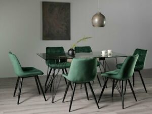  
Miro Clear Tempered Glass 6 Seater Dining Table & 6 Seurat Green Velvet Fabric C