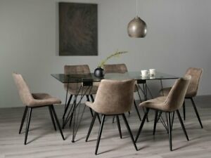  
Miro Clear Tempered Glass 6 Seater Dining Table & 6 Seurat Tan Faux Suede Fabric