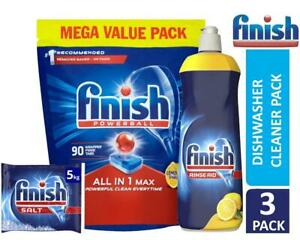  
Finish Dishwasher Cleaner Bundle 90 Powerball Tablets, Liquid Rinse Aid And Salt