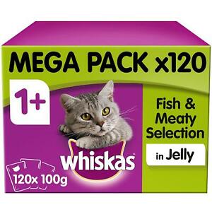  
120 x 100g Whiskas 1+ Adult Wet Cat Food Pouches Mixed Fish & Meaty in Jelly